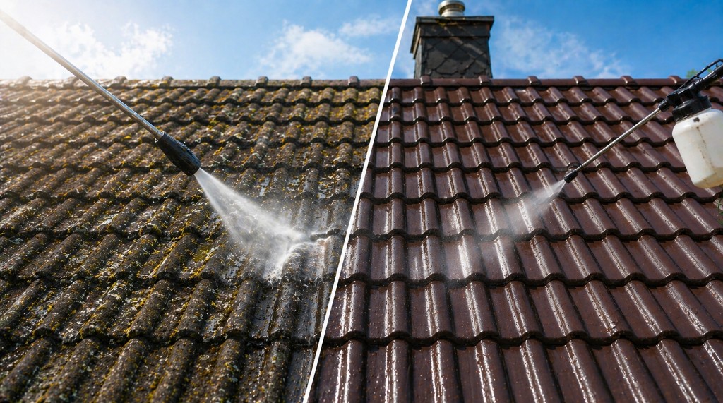 Dachreinigung und Beschichtung: links Hochdruckreinigung bemooster Dachziegel, rechts gereinigtes Dach mit Sprühauftrag der Beschichtung