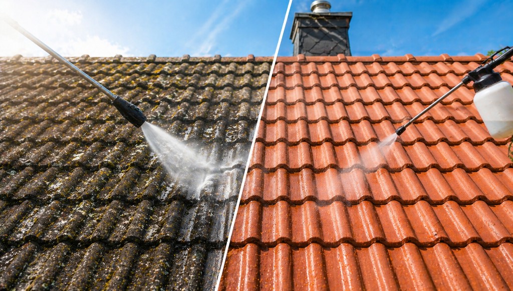 Dachreinigung und Imprägnierung: links Hochdruckreinigung bemooster Dachziegel, rechts gereinigtes Dach mit Sprühauftrag der Schutzflüssigkeit