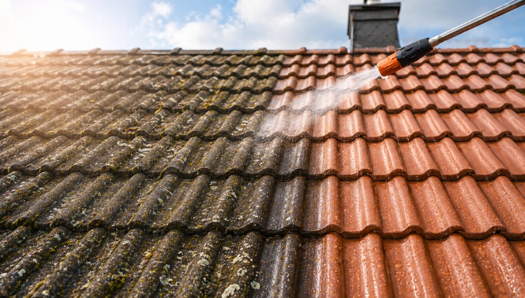 Klassische Dachreinigung: Dachziegel links stark bemoost und verschmutzt, rechts gereinigt und terrakottafarben; Hochdruckreinigung an der Übergangszone