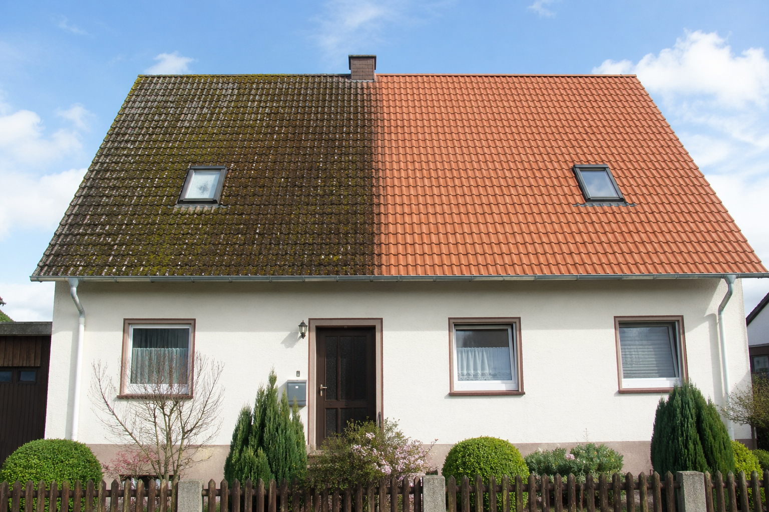 Vorher und Nachher: Dachhälfte mit Moos und Schmutz, daneben gereinigte terrakottafarbene Ziegel mit Dachfenster und Schornstein