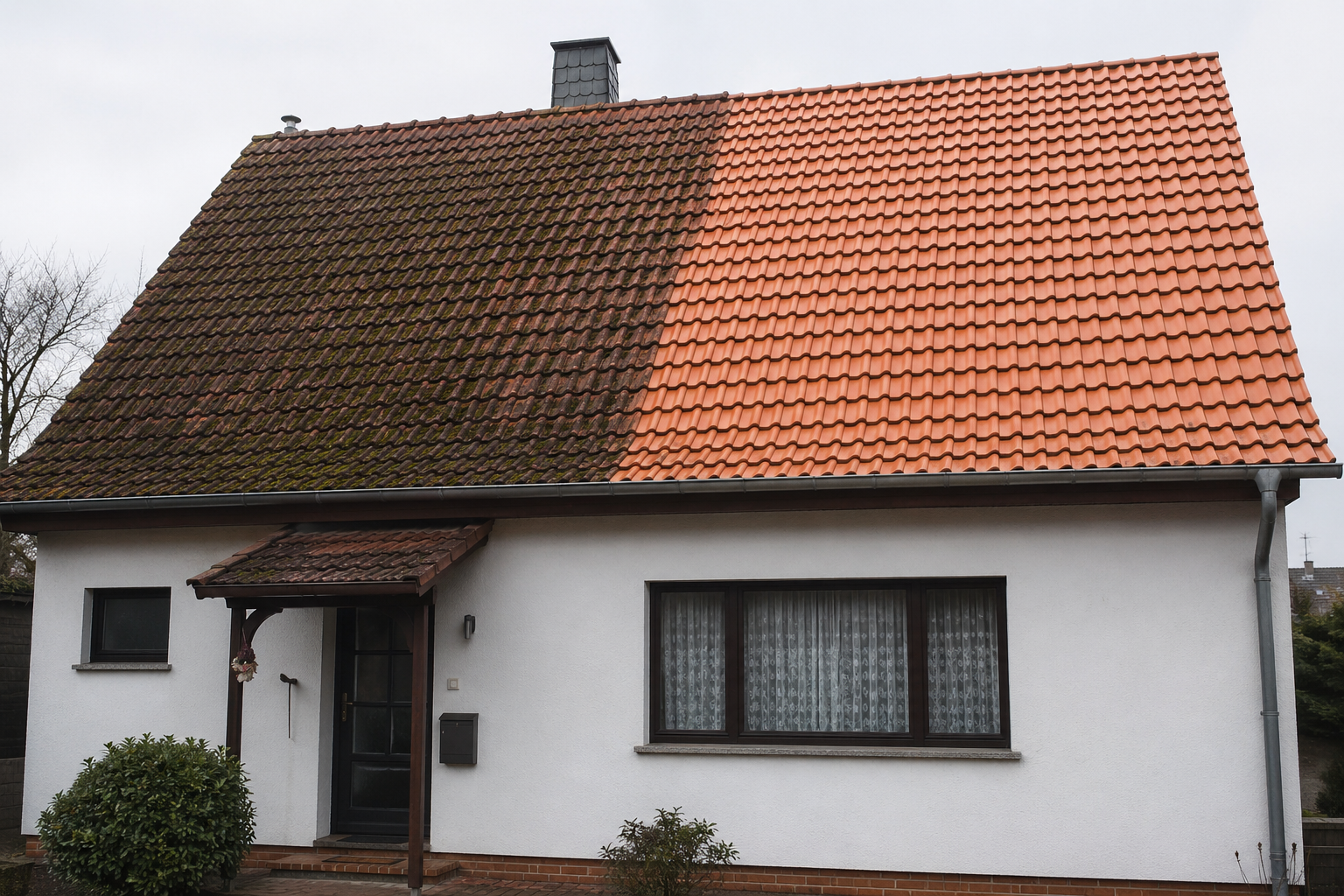 Vorher und Nachher: Satteldach – links stark verschmutzt und bemoost, rechts gereinigte terrakottafarbene Dachziegel mit Dachfenster und Schornstein