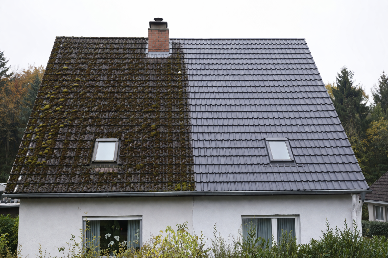 Vorher und Nachher: Einfamilienhaus – links Dach stark bemoost, rechts gereinigte dunkle Dachpfannen mit Schornstein und Dachfenster