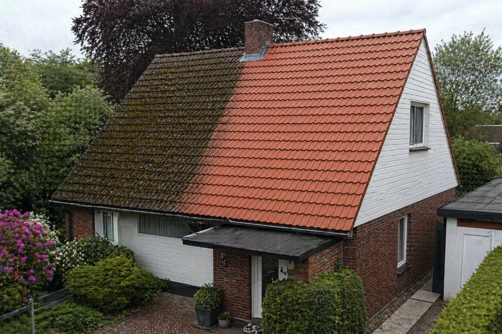 Dachreinigung Vorher-Nachher-Vergleich: links vermooste Dachpfannen, rechts saubere rote Dachziegel mit Schornstein und Ziegelgiebel