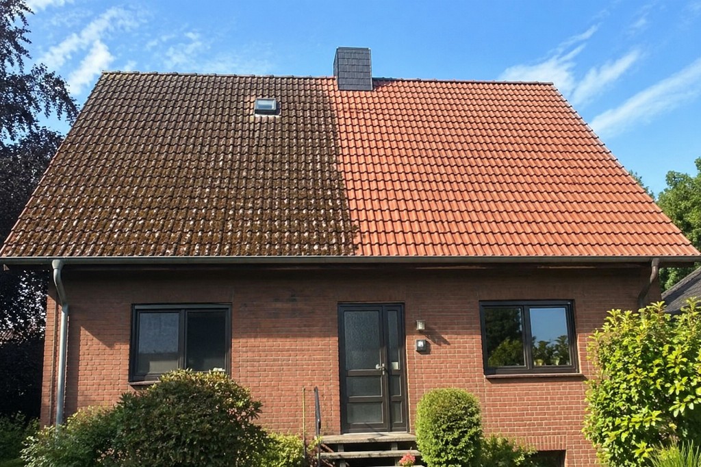 Vorher und Nachher: Einfamilienhaus mit Ziegelgiebel – links Dachhälfte verschmutzt und bemoost, rechts saubere rote Dachpfannen mit Schornstein und Dachfenster
