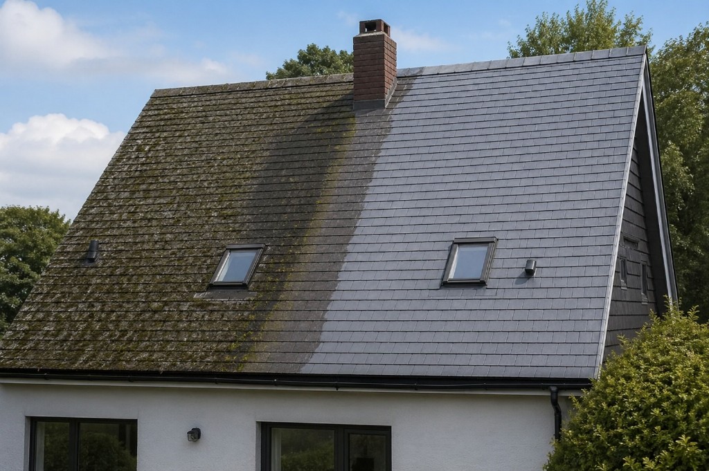 Vorher und Nachher: Satteldach – links stark bemoost und verschmutzt, rechts saubere dunkelgraue Dachschindeln mit Schornstein und je einem Dachfenster, weiße Fassade und blauer Himmel