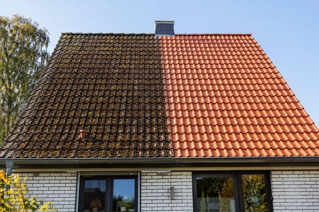 Vorher und Nachher: Satteldach – links bemoost und verschmutzt, rechts saubere rotbraune Dachpfannen, weißer Klinker, Dachrinne und Schornstein