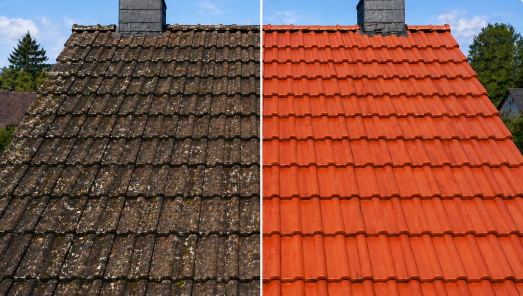 Vorher: verschmutztes Dach mit Moos – Nachher: gereinigte, beschichtete Dachziegel in Terrakotta-Rot