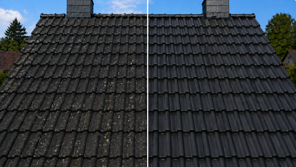 Vorher: Dach mit Moos und Aufhellungen – Nachher: saubere, einheitlich dunkle Dacheindeckung